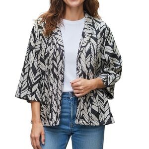 Chico’s Easywear Black Cream Patterned Crushed Textured Open Jacket Size 3 XL 16